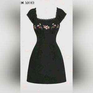 Black Mini Dress with Floral Embroidery